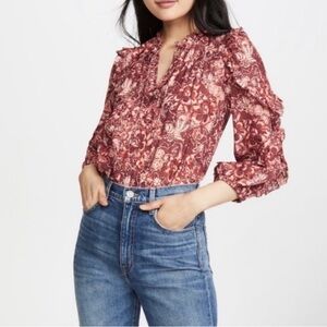 Ulla Johnson Medine Floral Ruffle V-Neck Blouse in Coral